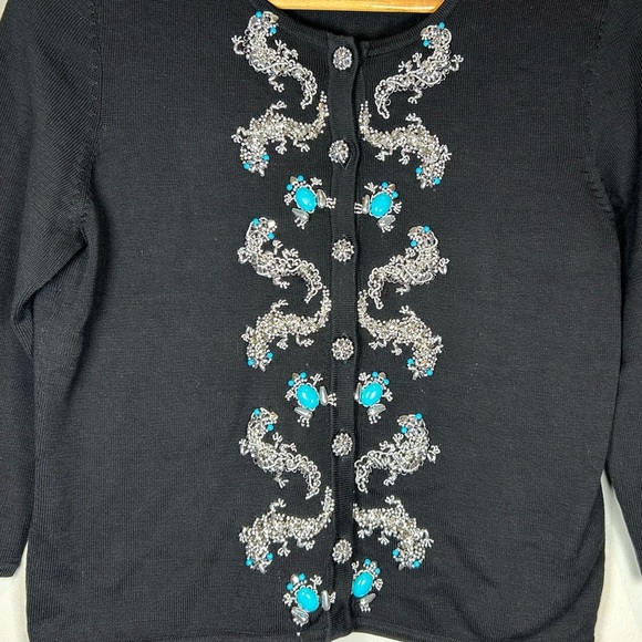 Michael Simon Black Cardigan with Silver & Turquoise Beaded Frogs Geckos Size S - Picture 6 of 11